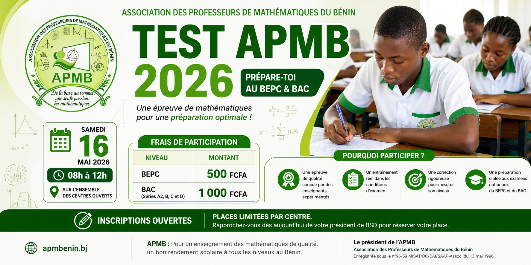 TEST APMB – ÉDITION 2026 : Inscriptions ouvertes pour les candidats du BEPC et du BAC